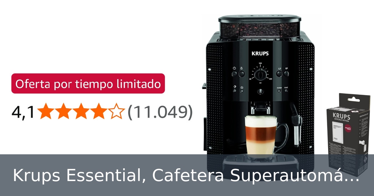Krups Essential, Cafetera Superautomática + Kit descalcificación, Deposito de agua de 1,7 L, Panel de control fácil de usar, Molinillo cónico con 3 ajustes de molienda, Espumador de leche, EA8108OM